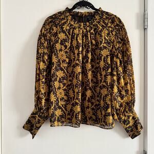 Ann Taylor Floral Smocked Top Yellow Blue Ruffle Neck Long Sleeve Sz S